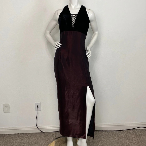 Jessica McClintock Vintage Burgundy & Black Velvet Formal Prom Maxi Dress Size 9 - Picture 1 of 9